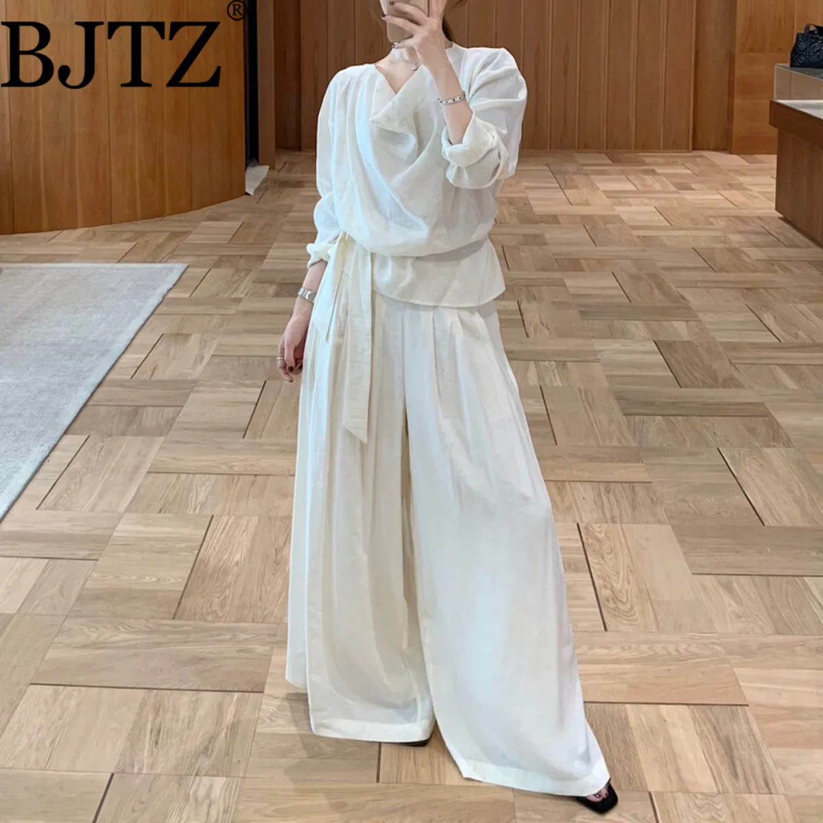 

BJTZ однотонный свободный комплект из хлопка и льна из двух предметов для женщин, весна-лето 2024, новые элегантные повседневные женские комплекты, модные