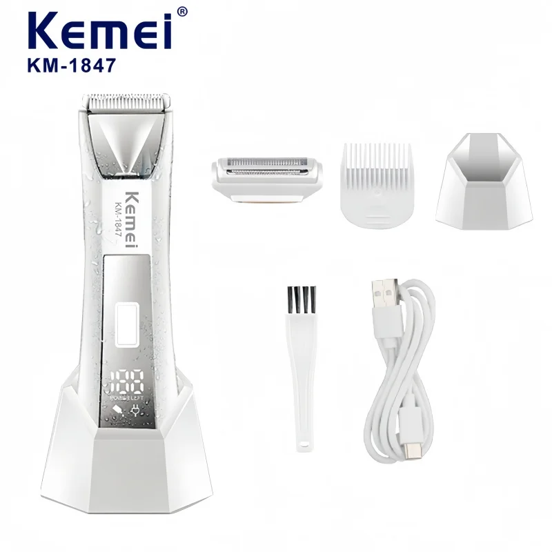Kemei KM-147 2-in-1 Ladies Electric Shaver, Dry and Wet Shaving, 2-Speed Adjustment, USB Charging, Ladies Body Hair Trimmer Kit.