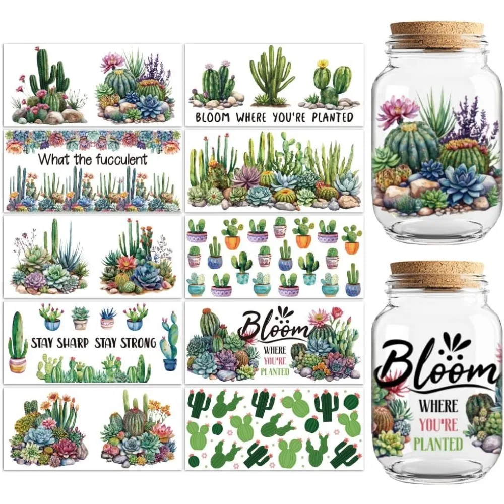 

УФ-наклейки для переноса чашек DTF с рисунком кактуса, 10 листов, водонепроницаемая виниловая переводная наклейка, 16 унций, стеклянная чашка для кофе