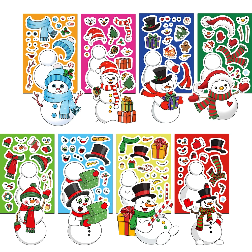 8PCS Cartoon Christmas Cute Snowman Face Changing Assembly Stickers Fun Snowman Decoration Facial Features Hat Scarf Gift