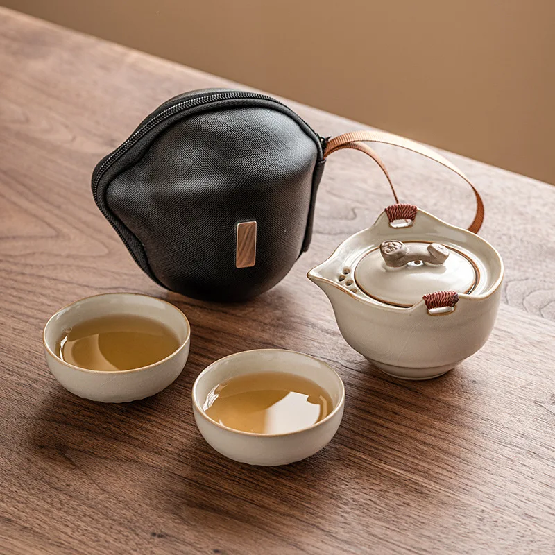 Beige Ru Kiln Travel Tea Set Portable Outdoor Camping Ceramic Tea Pot Two TeaCups Lightweight Mini Tea Set for Picnic Portable