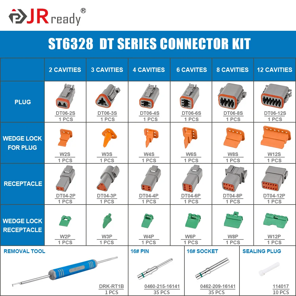 JRready ST6328 Deutsch DT Connector Kit in 2, 3, 4, 6, 8, 12 pin configurations,16#Solid Contact (14-20AWG) Automotive Connector