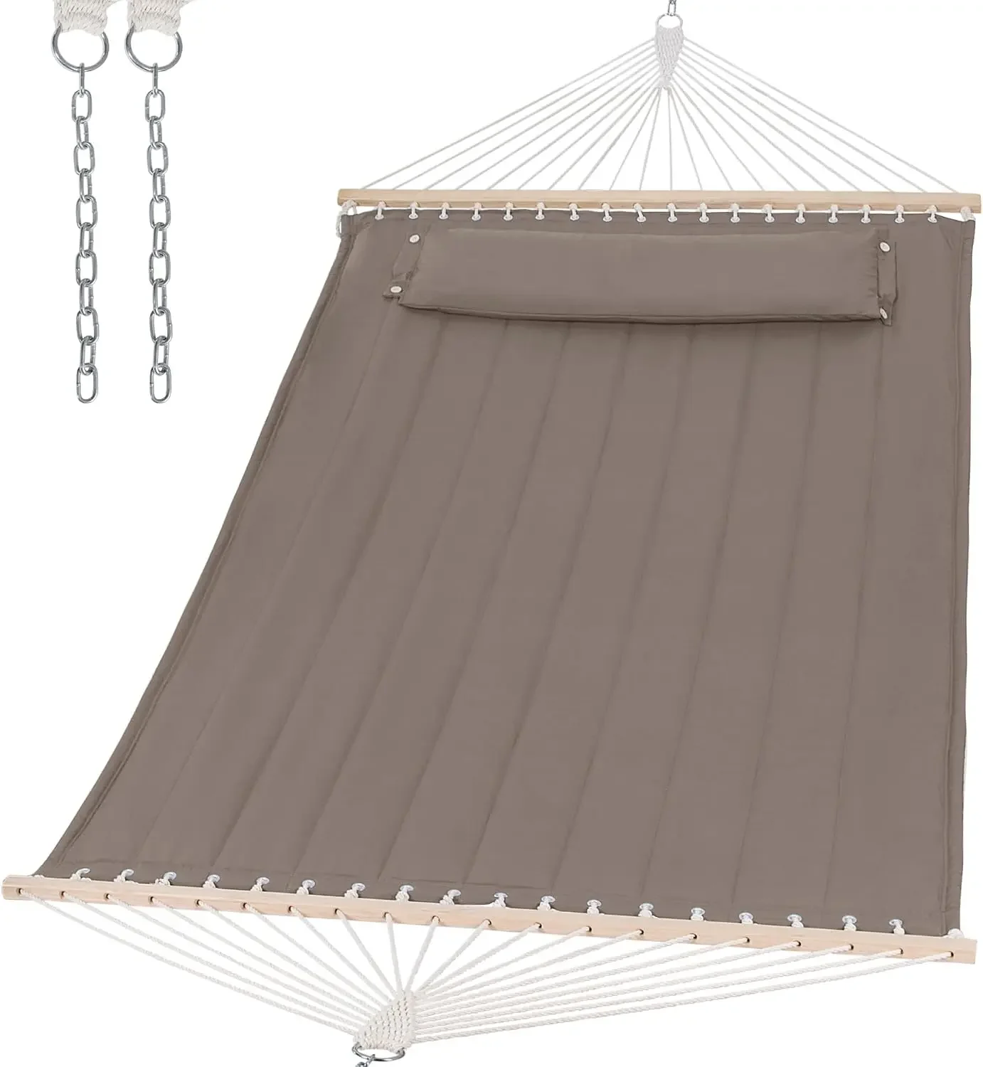 Double Quilted Heavy Duty 2 Person Hammock, Brown | Hardwood Spreader Bar, Extra Large Soft Pillow, Indoor, Outdoor