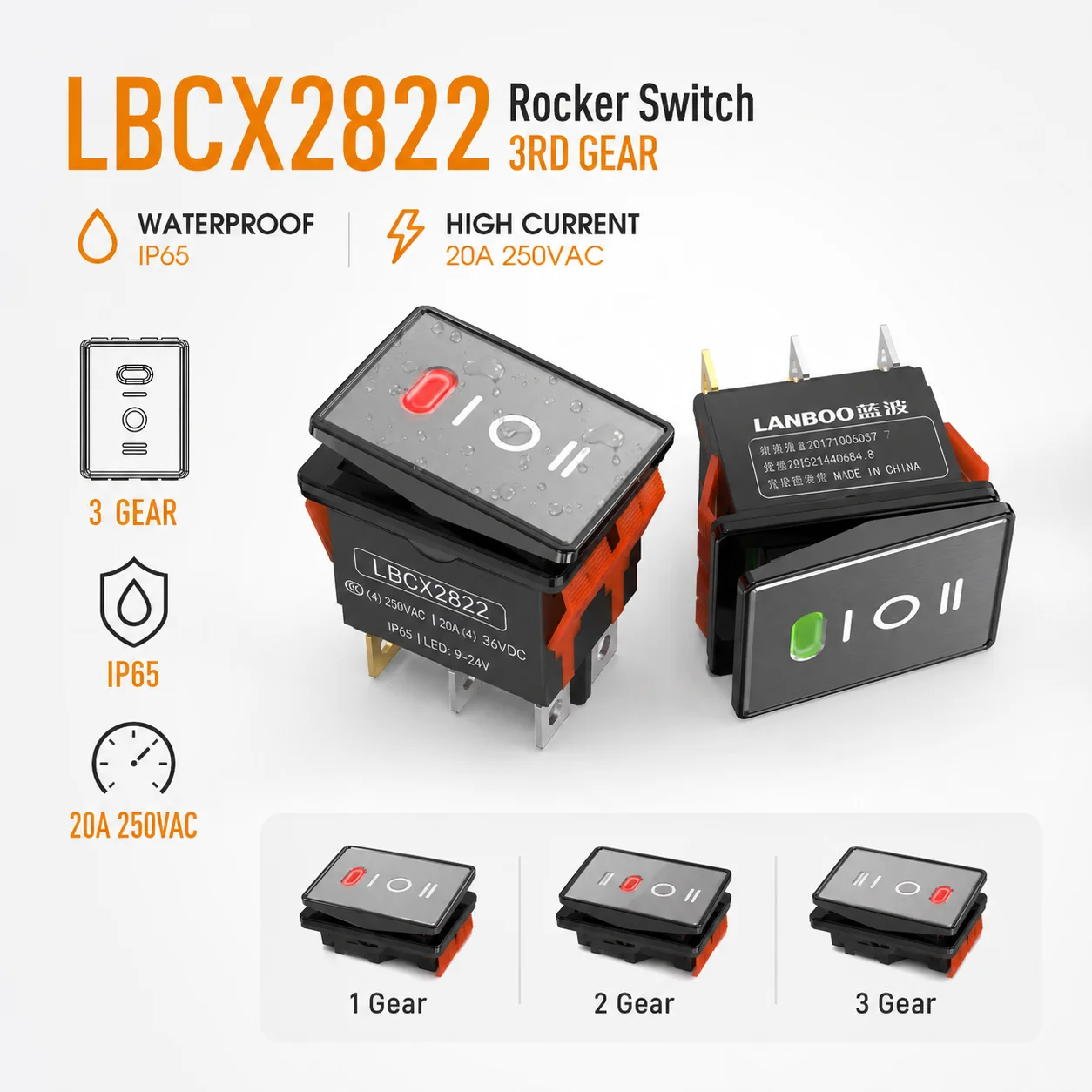 Lanboo 2822 Series Economical 3 Speed 4NO Metal with LED 6Pin Red, Green and Blue Optional Rocker Switch 20A
