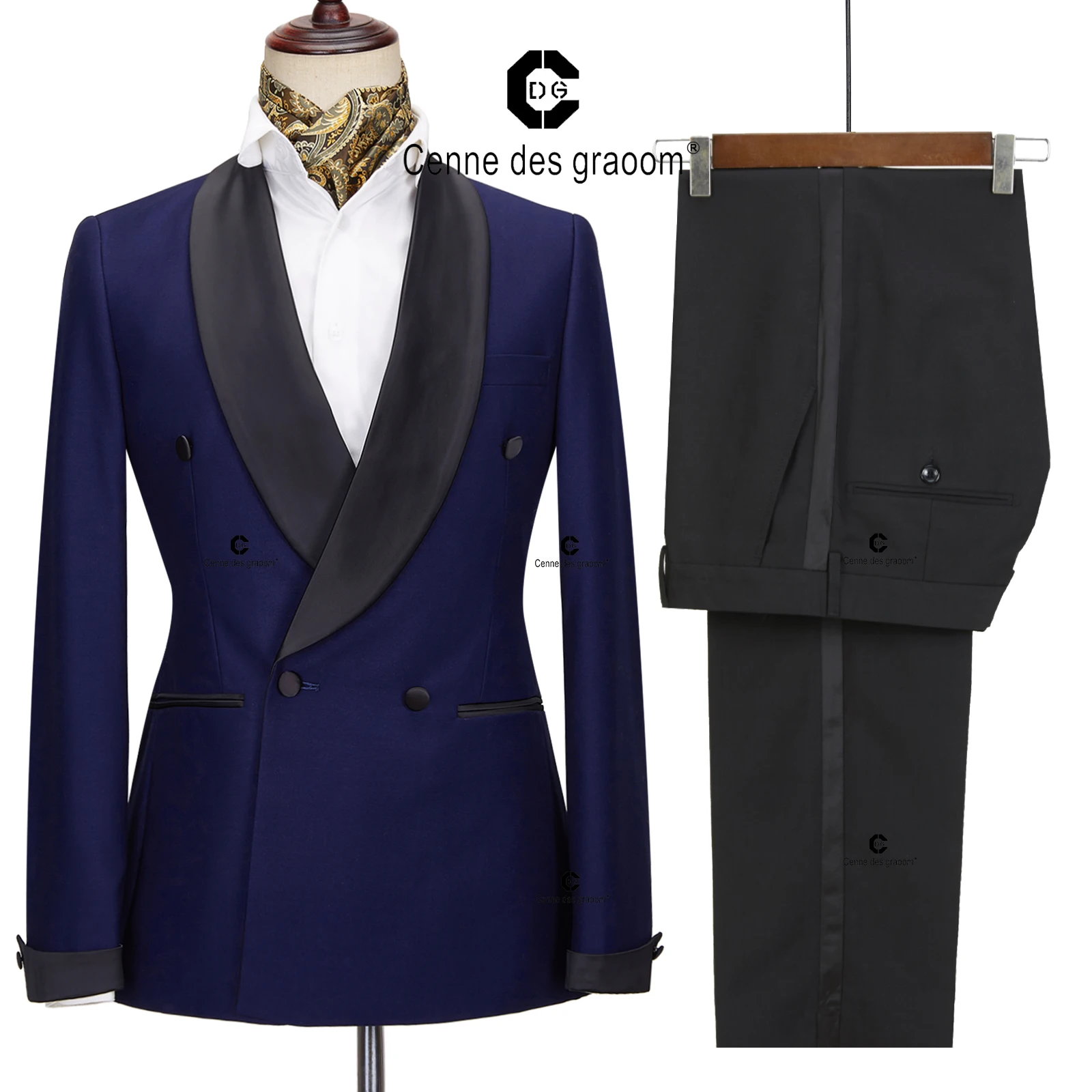 Cenne Des Graoom Luxury Men Suit Wedding Grooms Banquet Navy-blue Jacket with Tuxedo Pants Black Shawl Lapel Slim Fit Party Prom