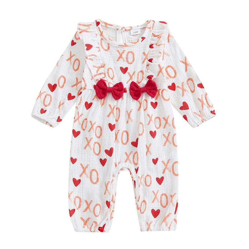 Baby Girl Fall Romper Heart Letter Print Ruffle Trim Long Sleeve Full Length Jumpsuit with 3D Bow Fall Clothes