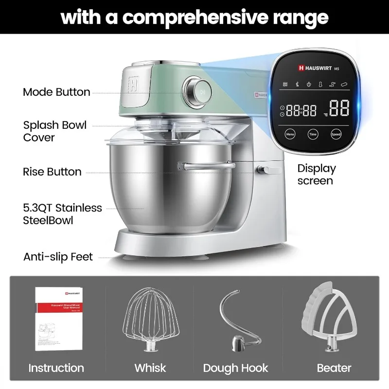 เครื่องผสมอาหารไฟฟ้า5.3QT เครื่องใช้ไฟฟ้าครัวย้อนยุคมีไฟ LED ความเร็ว11ระดับเครื่องผสม3-in-1พร้อมที่ตีไข่สแตนเลสตะขอแป้ง