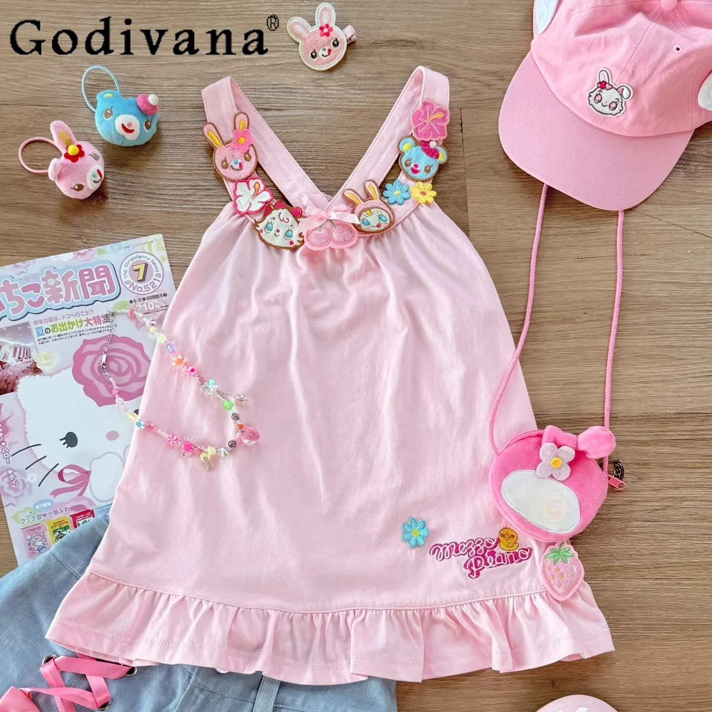 

Оригинальные японские розовые майки-топы Kawaii для девочек, летние новые топы без рукавов с мультяшной вышивкой, одежда Y2K для дочерей