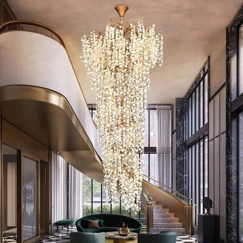Luxury Copper Staircase Crystal Chandeliers Large Crystal Branch Hanging Chandelier For High Ceiling Living Room Foyer Entryway