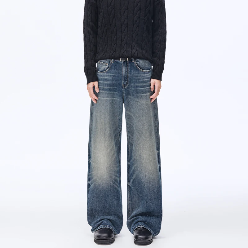 Autumn New American Retro Straight Loose Wide Leg Jeans For Men Trendy Splash Dye Washed Blue Denim Long Pants G67Y