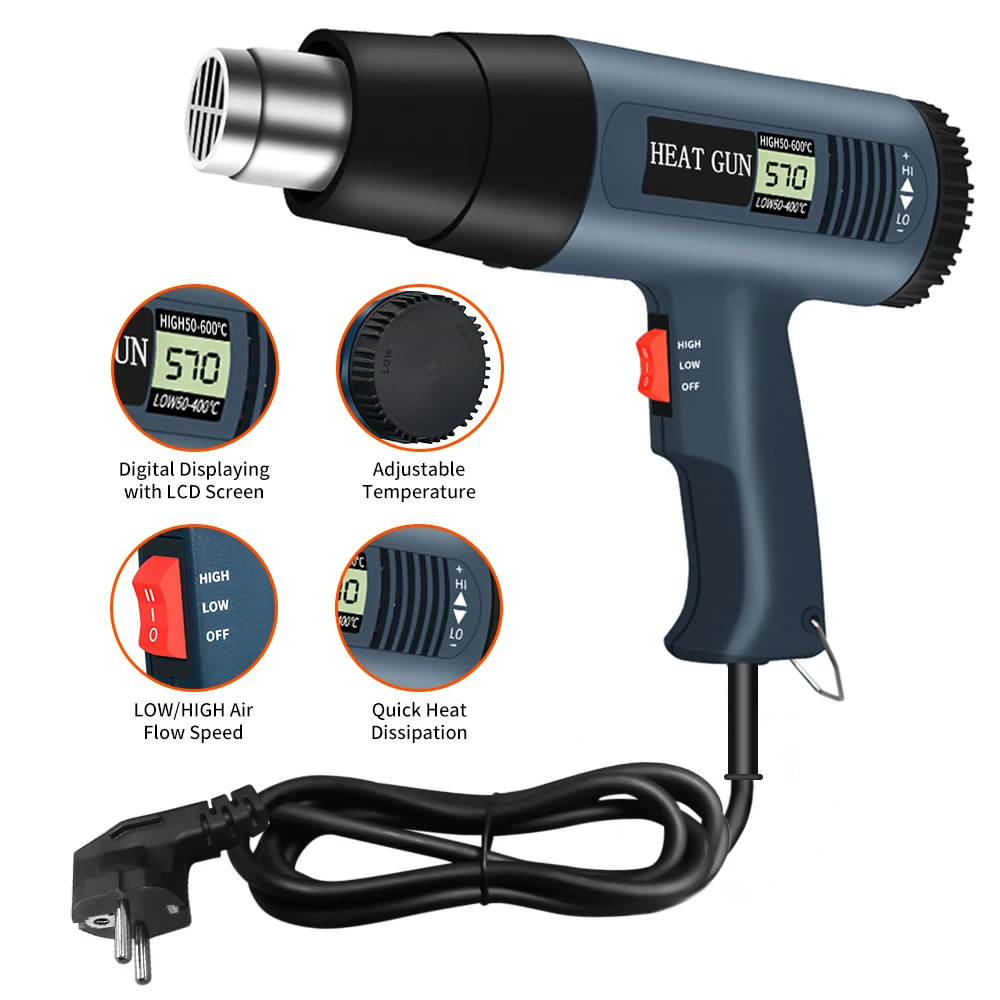 

Power 2000W Fast Heating Variable Temperature Adjustable Two Air Flow Speed Heat Gun Hot Air Gun with LCD Digital Displaying