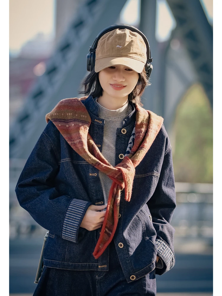 Non-Fading Cotton Jaet Cool Sassy Loose Women's Denim Turn-Down Collar Winter Spring Thiened Long Sve Button Closure