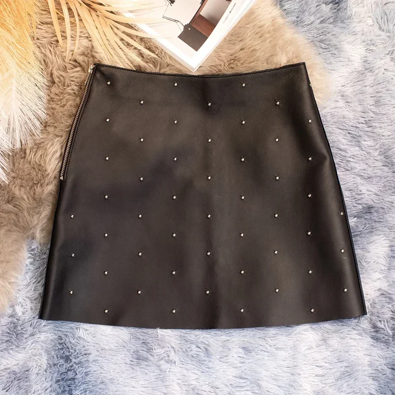 Genuine Sheepskin Leather Skirts for Women Summer 2024 Female High Waist Skirts Black Skirt Mini Skirts Falda Mujer Zjt2467