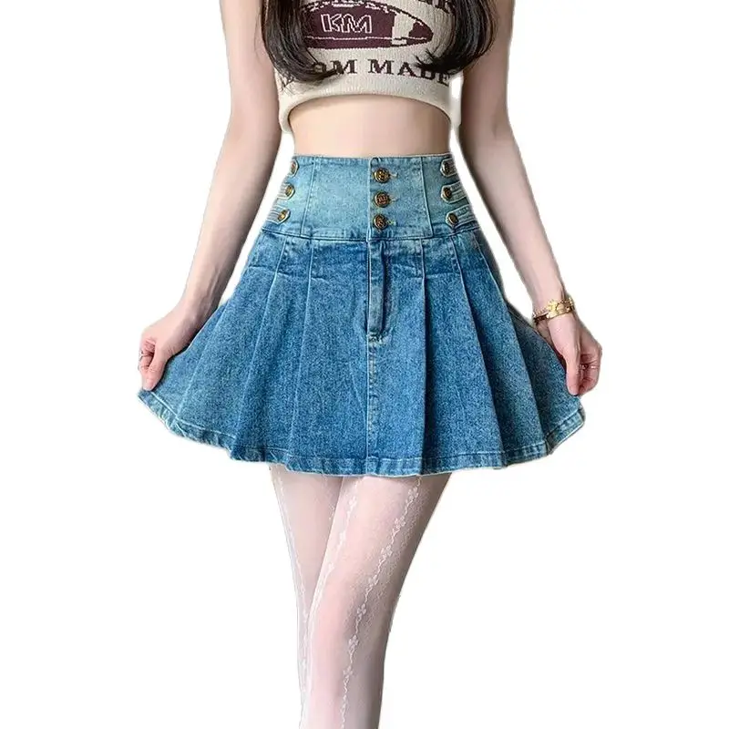 Denim Pleated Skirt, Button High Waist Versatile Slimming Fashionable And Age-Reducing Women Summer New Hot Girl A-Line Skirt