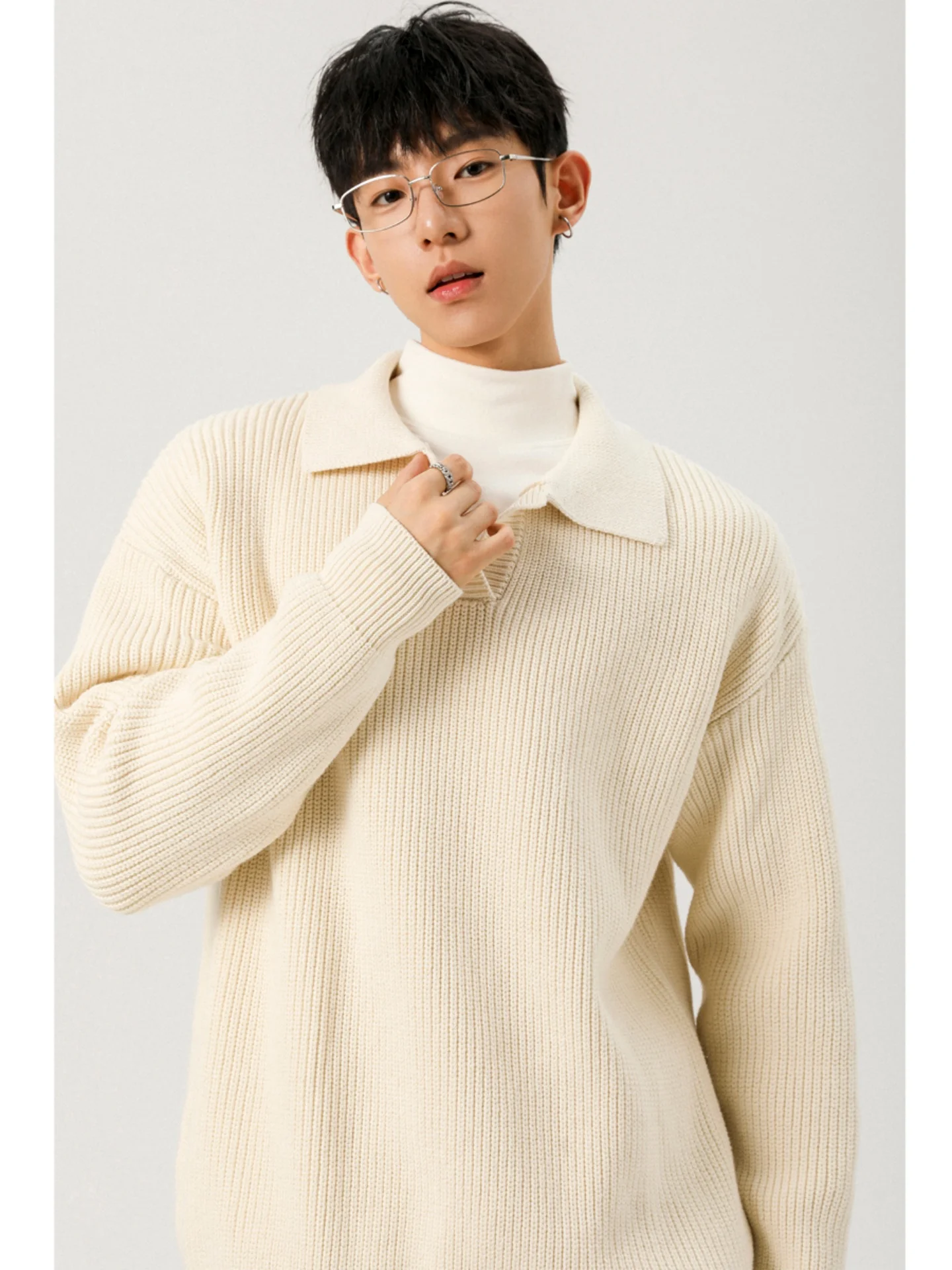 

Men's Loose Collared mat Lazy Sle Knitwear Autumn Outerwear Trendy Soft Nylon Long Sve irt Casual Comfortable