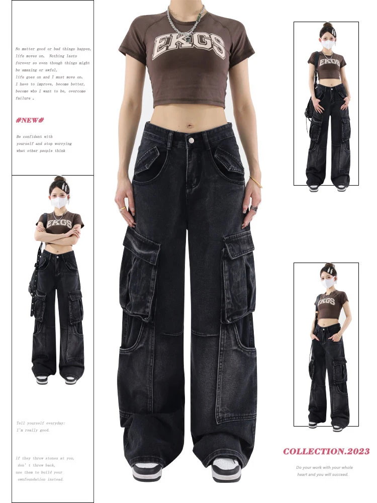 

Women's Black Gothic Cargo Jeans Vintage High Waist Cowboy Pants Harajuku Denim Trousers Y2k 90s Aesthetic 2000s Trashy Clothes