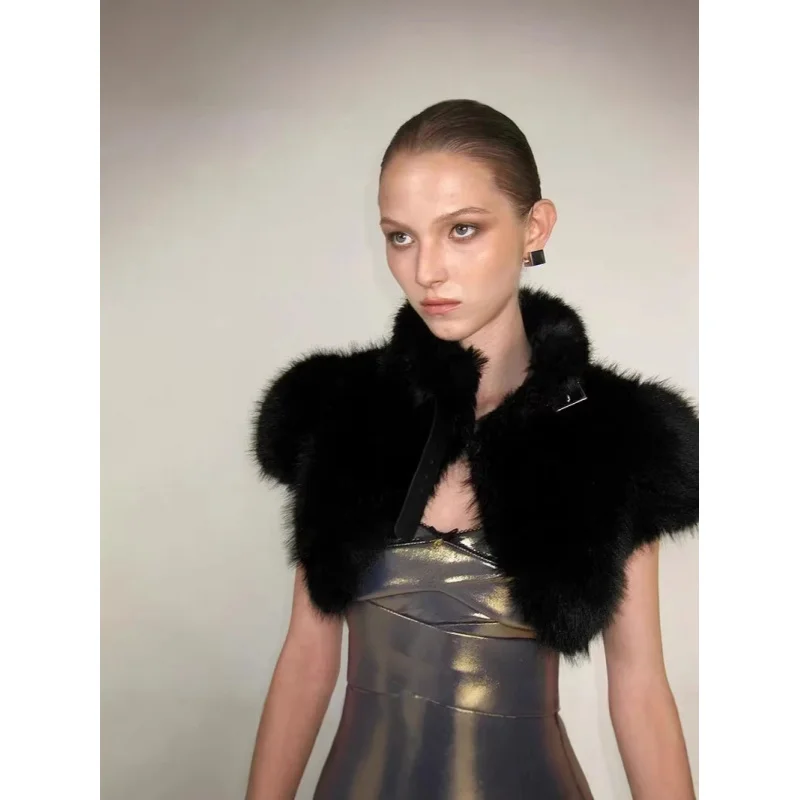 Women's Autumn Winter Ultra Short Vest Fox Fur Standing Collar Imitation Fur Vest Exposed Navel Fashionable Outerwear