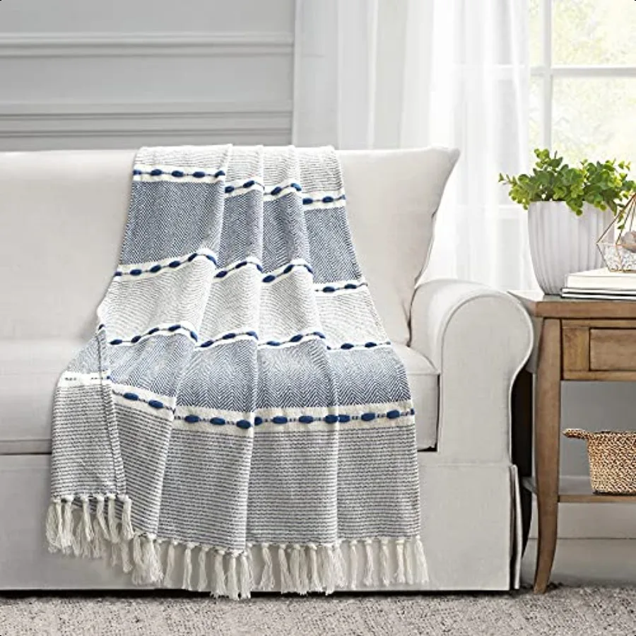 

Herringbone Stripe Woven Tassel Yarn Dyed Cotton Tassel Throw Blanket 50 W x 60 L Navy White Striped Throw Blankets Blue Couch