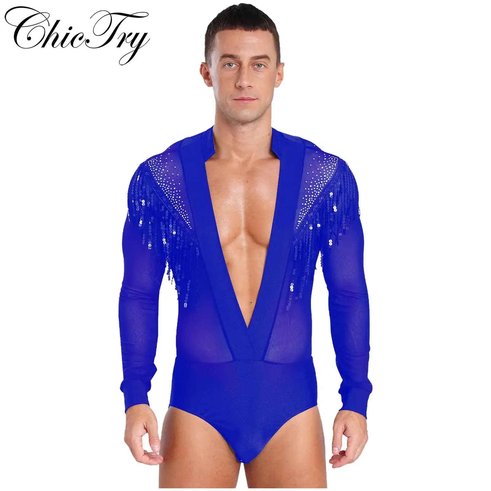 

Mens Latin Dance Leotard Deep V-neck Rhinestone Jazz Rumba Chacha Ballroom Shirts Bodysuits Samba Salsa Tango Jumpsuit Dancewear