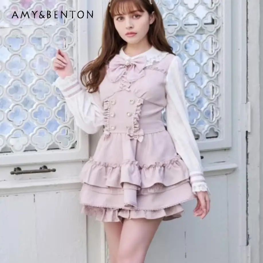 Japanese Cute Girl Multi-layer Cake Dress Set Liz New Bow Doll Collar Long Sleeve Slim Dress Shorts Two-piece Set Women Lolita