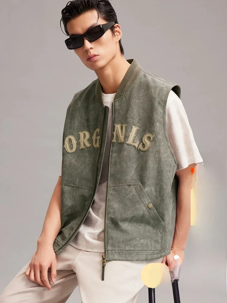 Chaleco de Hombre Jack Jones de Corte Holgado con Cuello de Béisbol, Estampado Envejecido Bordado, Decoración con Cremallera, Estilo Juvenil, Colección Primavera