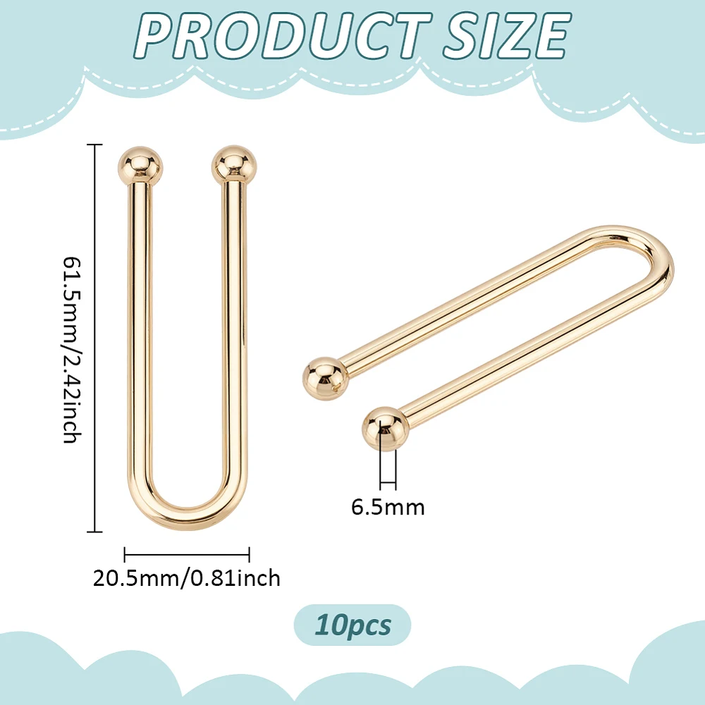 10Pcs U Shape Zinc Alloy Bikini Clips Buckles for Swimwear Front Clasp Light Gold 61.5x20.5x6.5mm view 2