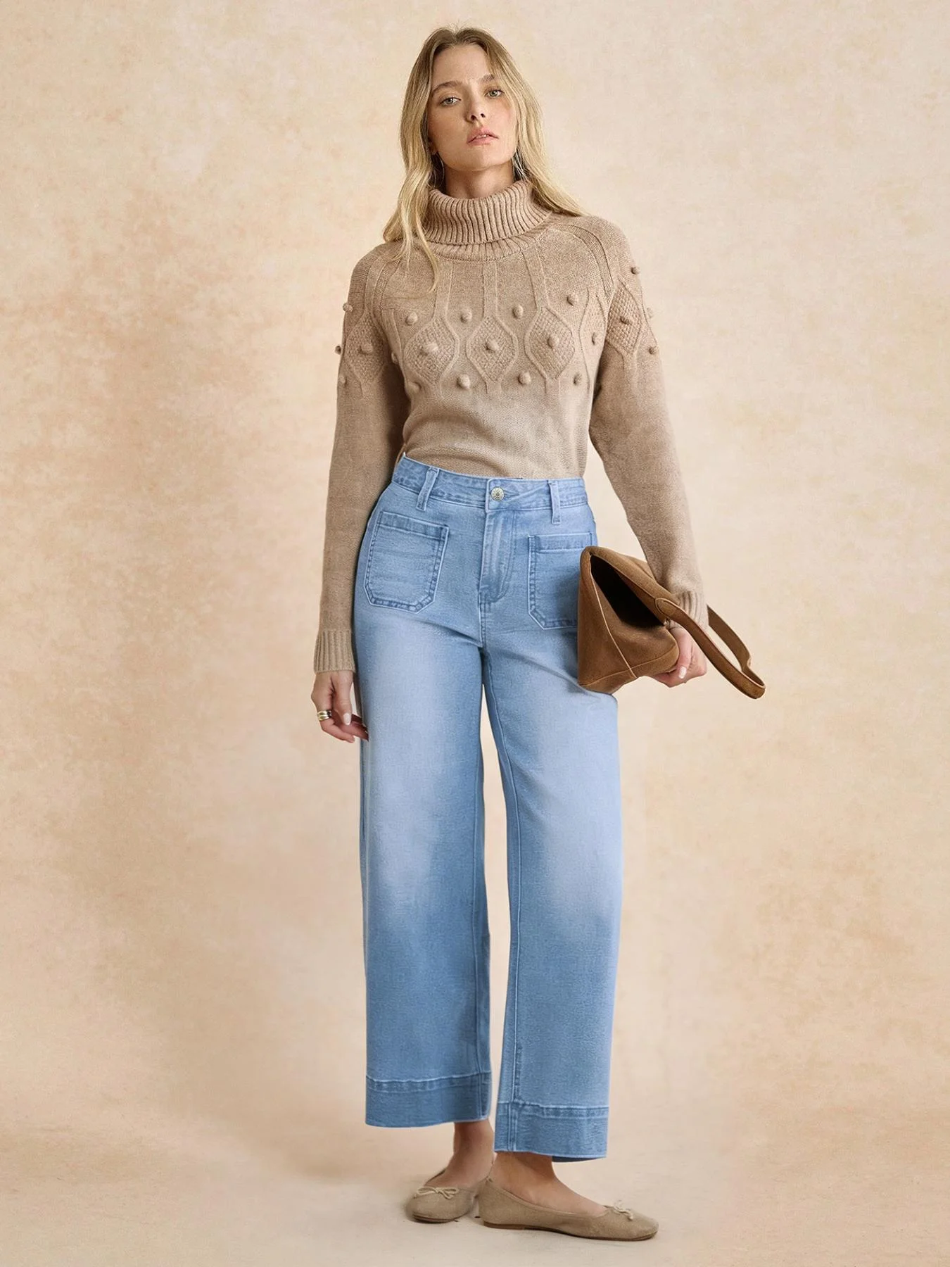 Women's High-Waist Light Wash Patch Pocket Wide-Leg Cropped Jeans - Lightweight, Comfortable, Retro Everyday Denim Ankle Bottoms
