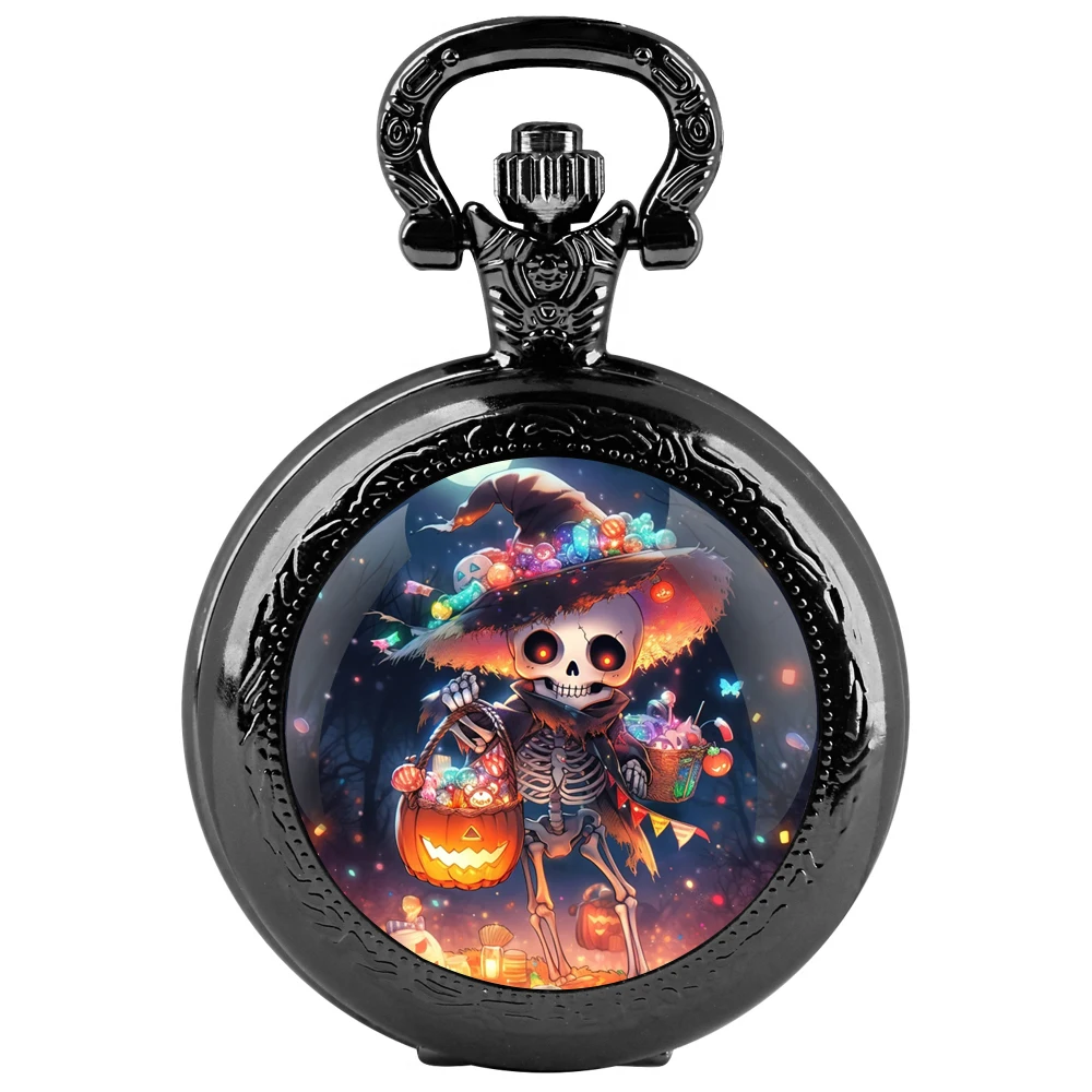 Regali di Halloween Orologio da tasca al quarzo nero con cupola in vetro con quadrante con numeri arabi e catena resistente, regalo retrò per uomini e donne