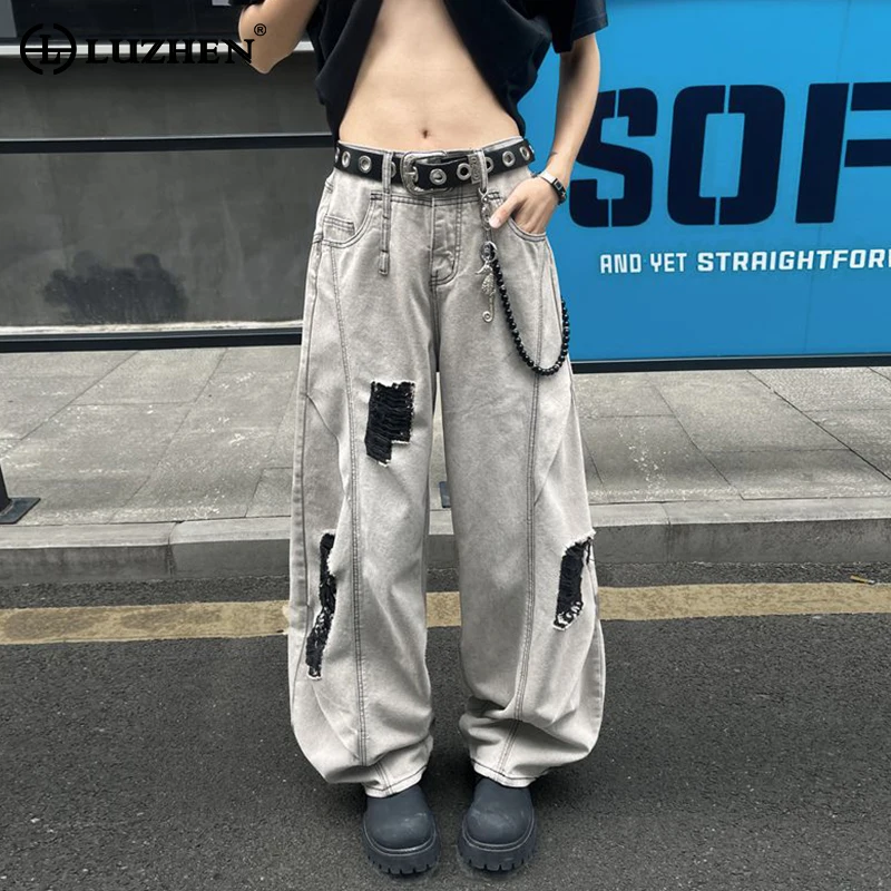 

LUZHEN Original Broken Hole Patched Design Loose Straight Casual Jeans Men's 2025 New High Quality Streetwear Denim Pants JY3163