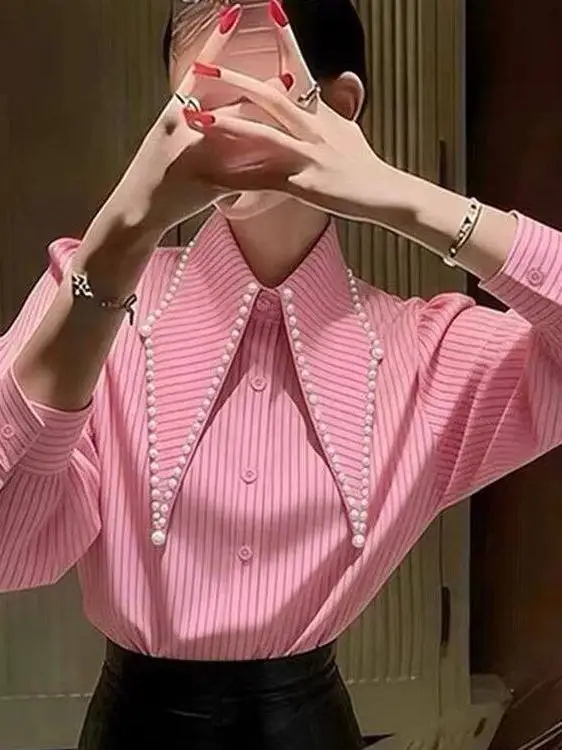 

Розовая рубашка с воротником в полоску, женская рубашка уникального дизайна, красивый свободный топ с длинными рукавами, ранняя весна, французский стиль