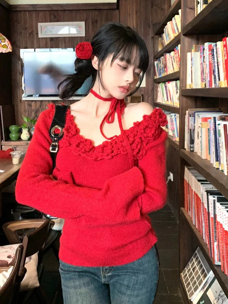 Y2k Aesthetic 3D Flower Sweet Off Shoulder Pullover 2024 Women Vintage Harajuku Knitted Jumper Fairy Grunge Red Slim Fit Sweate