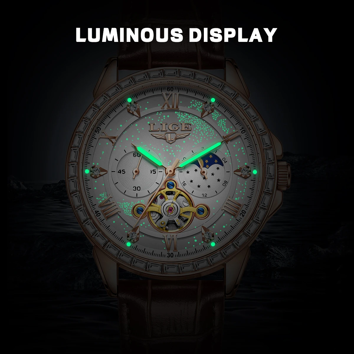 LIGE Big Diamond Dial Moon Phase Automatic Watch For Man and Woman Couple Mechanical Waterproof High-End Luxury Clock Wristwatch