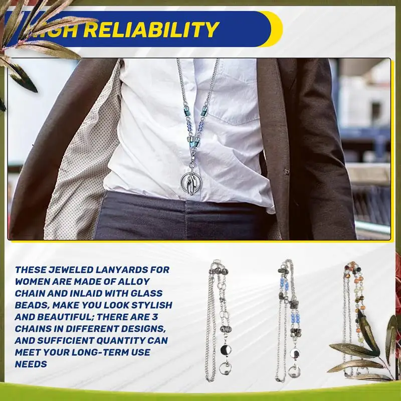 New-3 Pcs Retractable Badge Reels Lanyard With Name Card ID Holder For Women Fashion Beaded Badge Lanyard Necklace