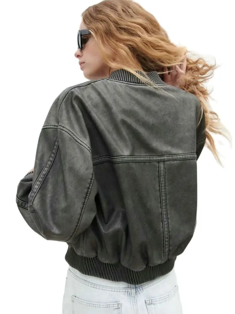 2025 New Autumn Women Vintage Bomber Washed PU Faux Leather Jackets Ladies Gradient Zipper Motor Biker Gray Baseball Short Coats