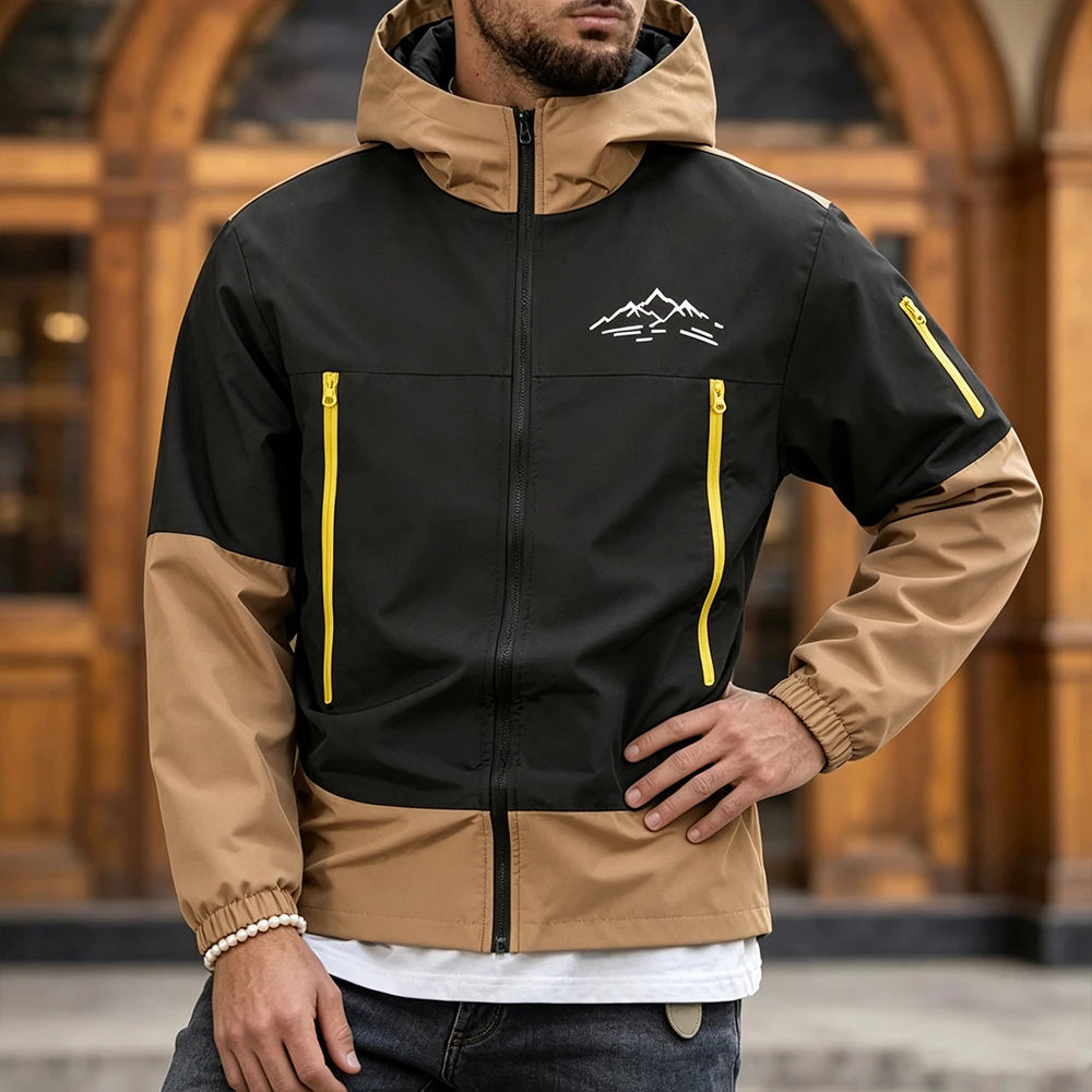 Men Outdoor Hooded Jacket Mountain Ridge Print Contrast Splicing Yellow Zipper Pockets Sports Top Mountain Travel Casual Wear