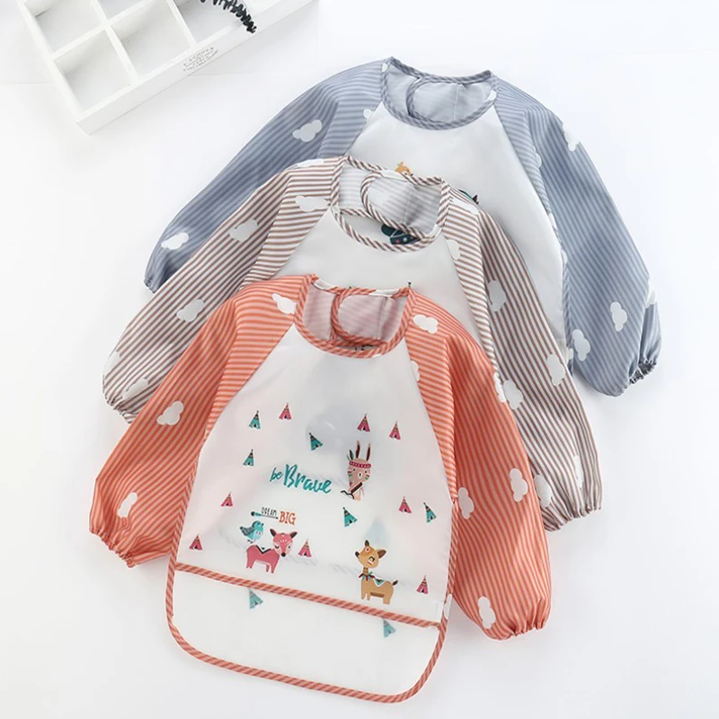 New Baby Kids Toddler Long Sleeve Waterproof Art Smock Feeding Bib Apron Pocket