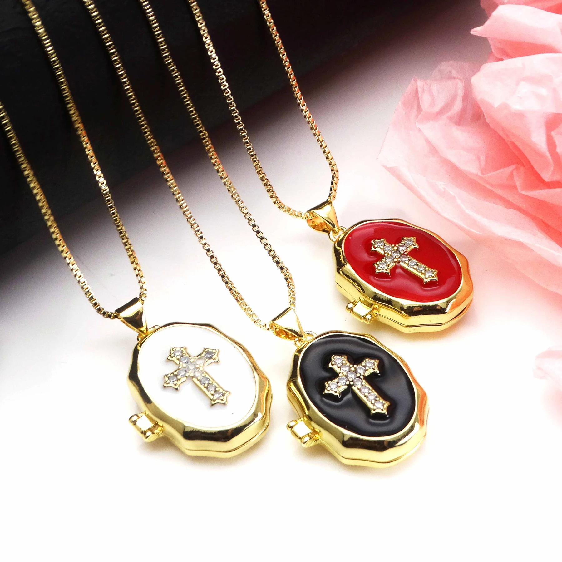 Micro Zircon oil drip photo box Cross Pendant necklace Fashion pendant necklace copper chain jewelry Accessories