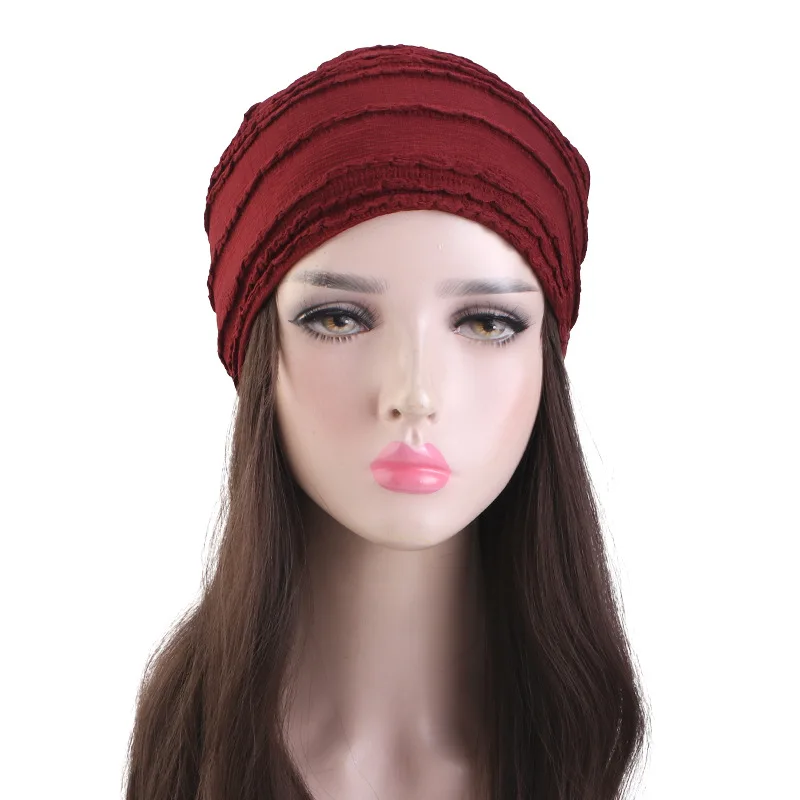 New Autumn Winter Hijab Lace Pleated Turban Double Layer Slouchy Beanie Women Bonnet Chemo Cap Head Wrap Hat Hair Loss Headwear
