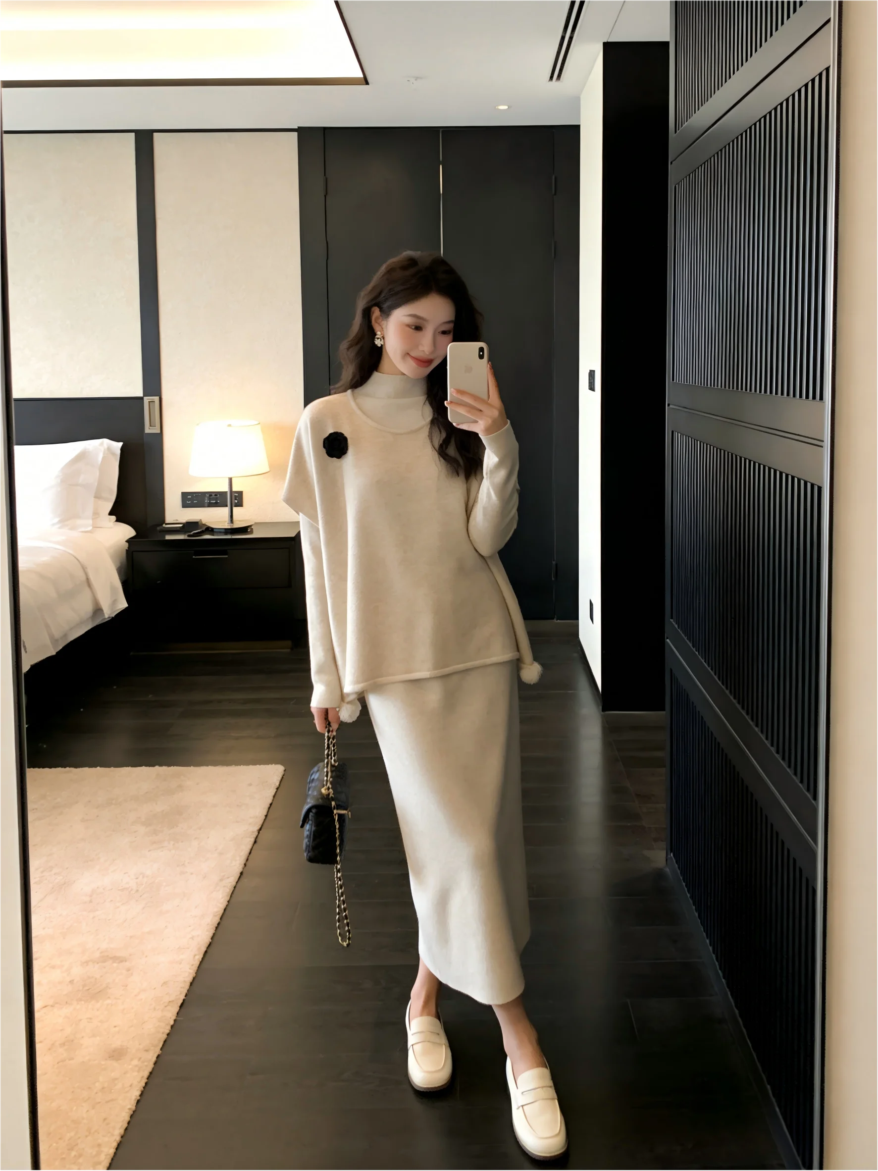 

White Knitted Cowl Neck Sweater Base Shirt Wrap around Skirt Three Piece Set Korean Style Warm Flattering Women's Fashion