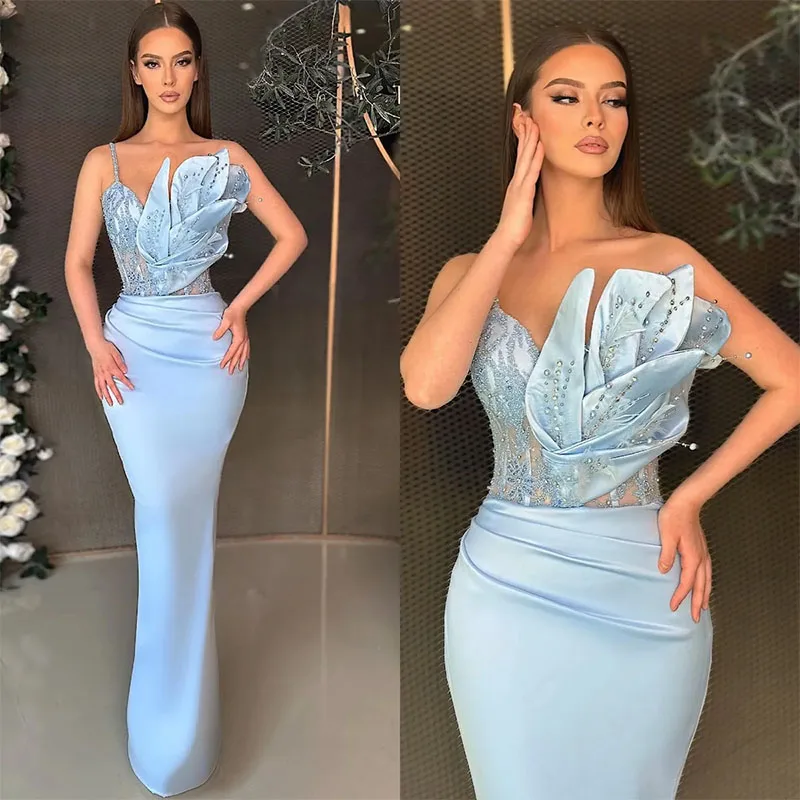 Sexy Sky Blue Mermaid Evening Dresses Spaghetti Beads Pleats Formal Party Prom Dress Red Carpet Dresses for Special Occasion