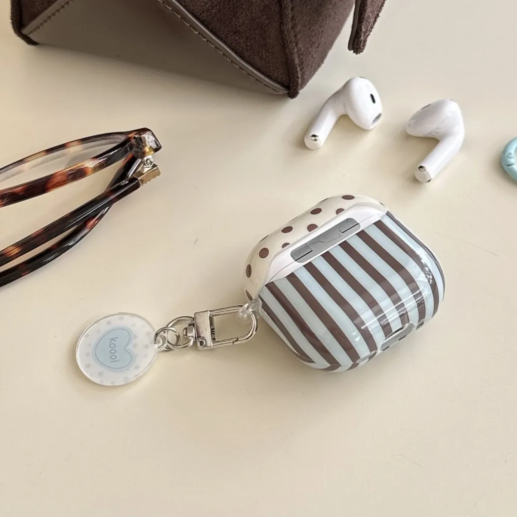 Blau und braun gestreifte Polka Dot + runde hängende Kopfhörerhülle, geeignet für Apple für Airpods Pro3 Hülle/Für Airpods4 Hülle/Für Airpods3 Hülle/Für Airpods2 Hülle Modische Damen Kopfhörerhülle