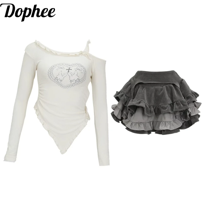 

Dopphe Original Spring Autumn Sweet Girl Subculture Cross Irregular Long Sleeve T-shirt Top Elegant Ruffles Short Cake Skirts