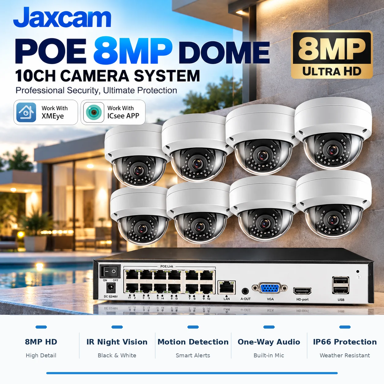 10CH Security Camera System 8MP 4K POE NVR Kit CCTV Audio Recording Outdoor Day Night Vision Video Surveillance IP Camera Set