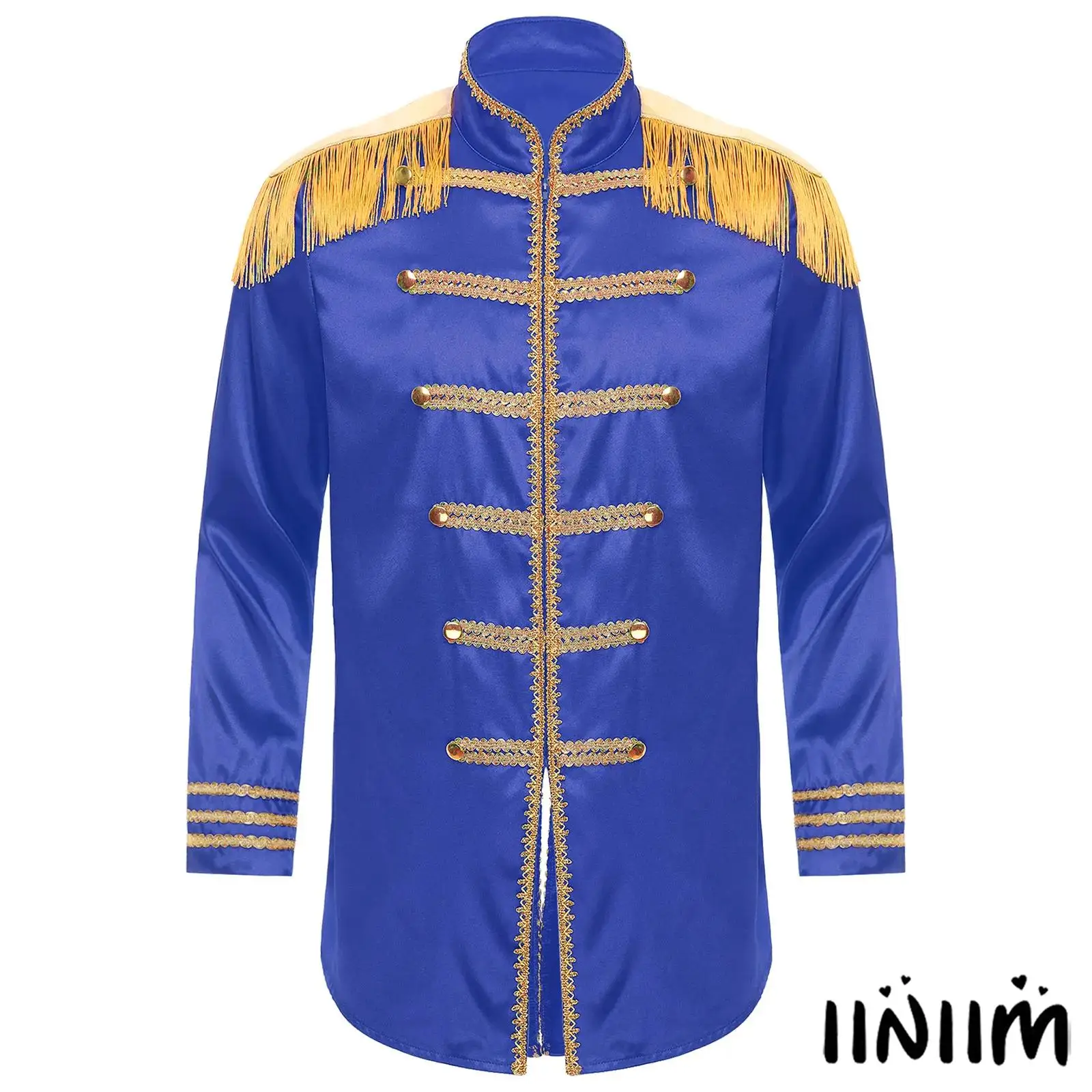 

Hippy Medieval Jacket For Men Gold Trim Satin Long Coat Prince Halloween Cosplay Costume Tassel Shoulder Boards Zip Up Outerwear