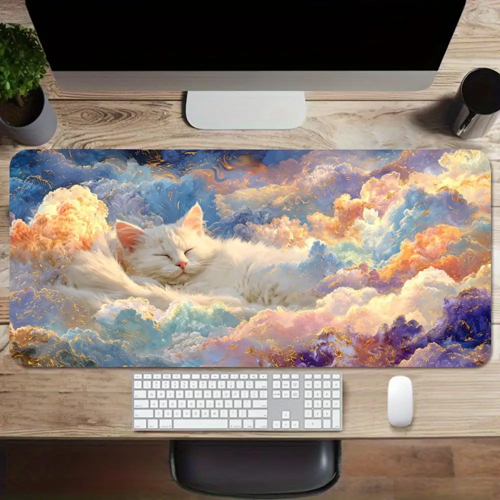 Fluffy White Kitten Sleep On Cloud Star Moon Sky Table Mat Compatible With Student Laptop Learning Games
