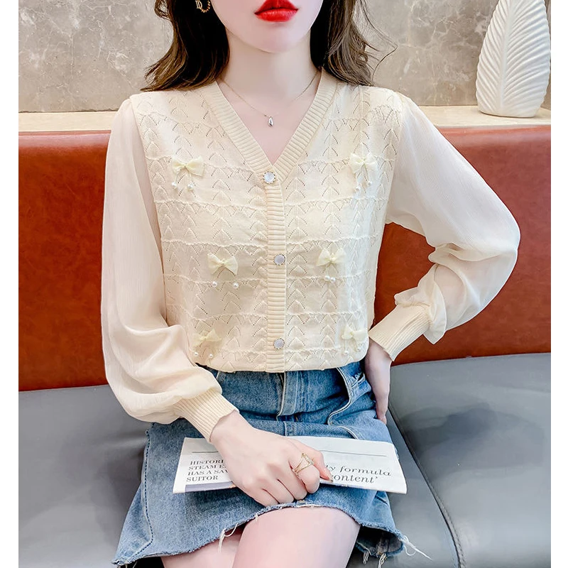 New Women Clothing Spring Autumn Korean Fashion Bow Chic Sweet Patchwork Knitwears Female V Neck Long Sleeve Loose Pullover Tops