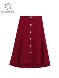 Spring Women Red Mid Long Skirt Trendy Loose Vintage A Line Skirts Streetwear Female Korean Elegant High Waist Skirt Plus Size