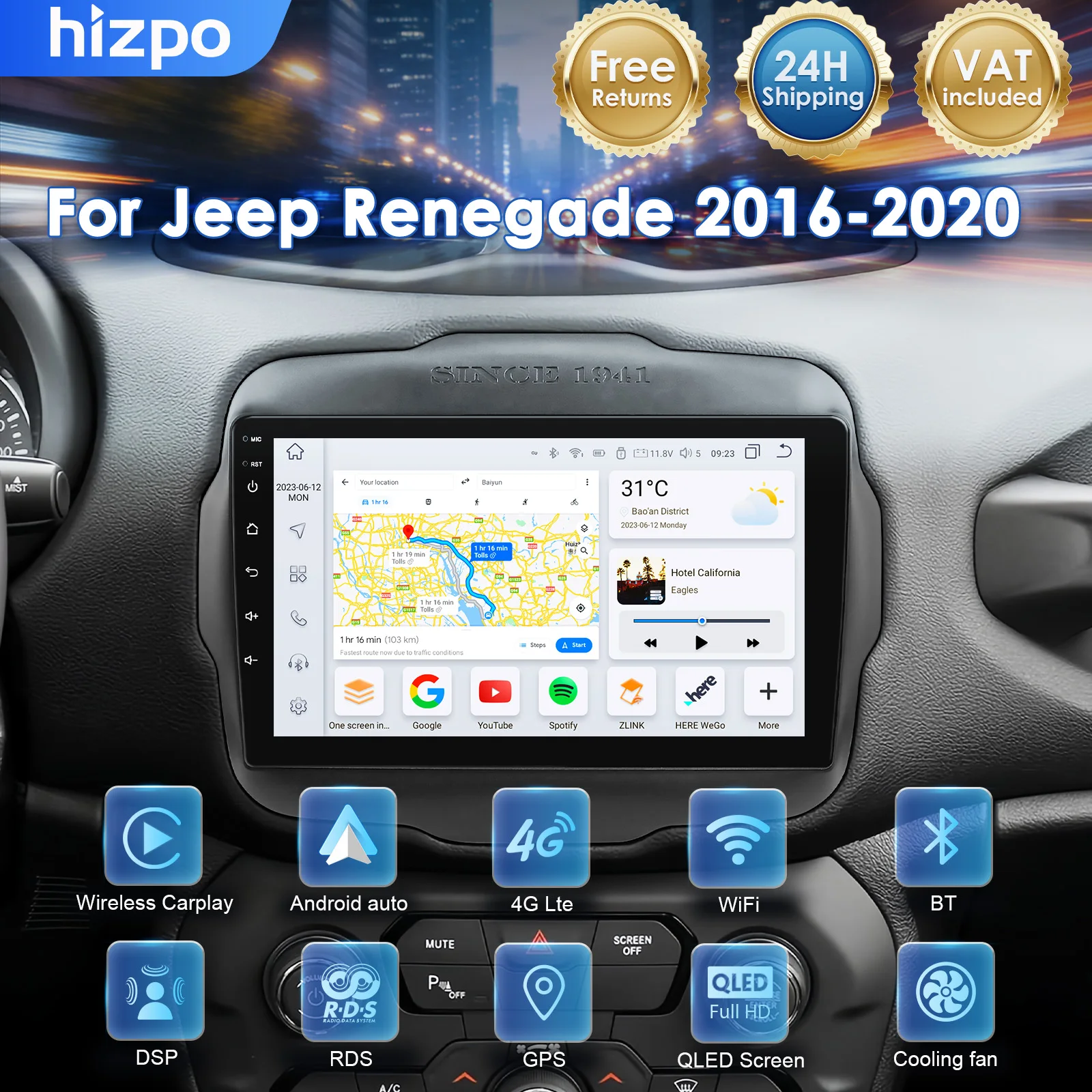 Sistemi intelligenti per auto Hizpo 2Din per Jeep Renegade 2016-2020, CarPlay wireless, Android Auto, navigazione GPS, WiFi, schermo touch, lettore video, unità principale.