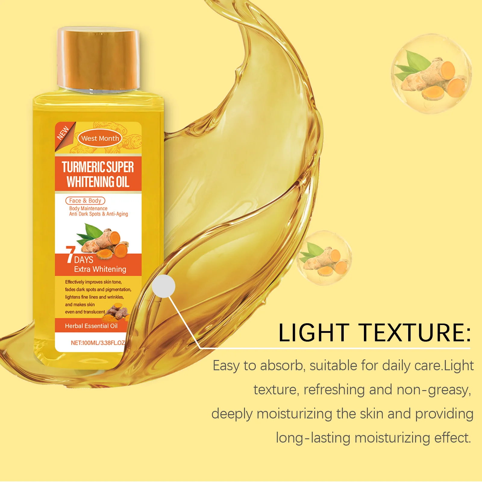 Turmeric Body Brightening Oil, Daily Gentle Moisturizing Body Skin Delicate Skin Emollient Oil
