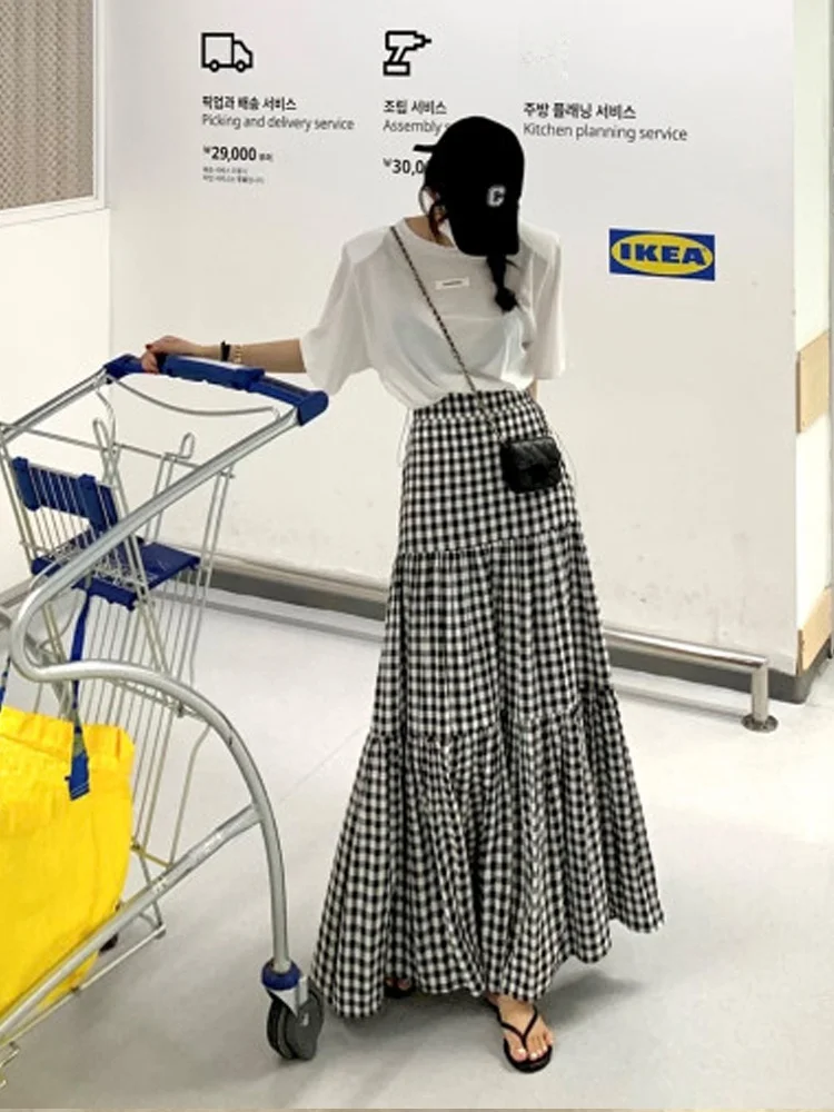 

Корейская юбка трапециевидной формы с высокой талией, женская модная длинная юбка в клетку, весна-лето, Новое поступление, универсальная свободная юбка